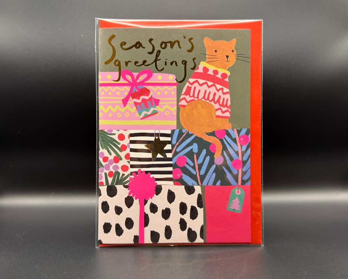 A rectangle Christmas greetings card that says 'Season's greetings'. There is a stack of colourful presents with a ginger cat wearing a pink and yellow sweater sitting atop them. 