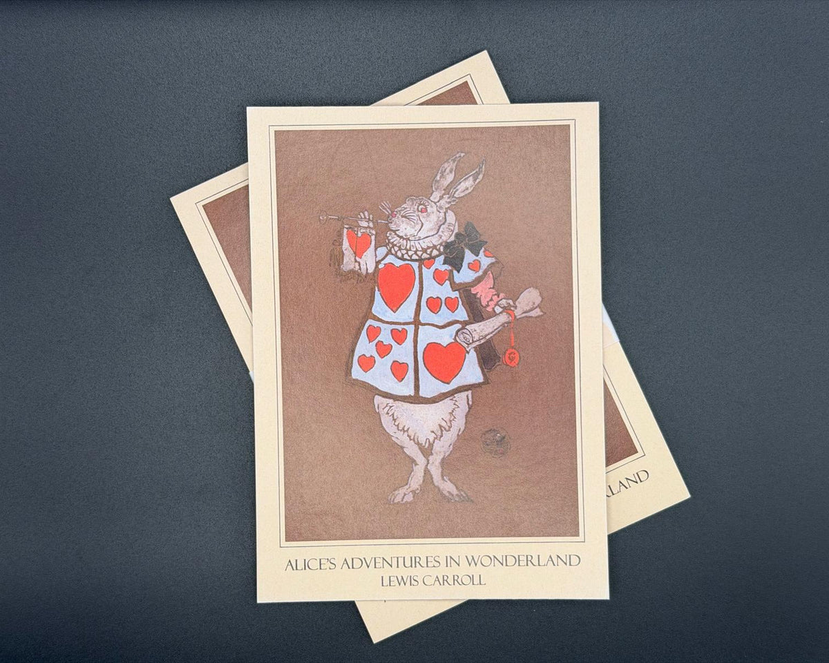 A6 literary postcard featuring Alice's Adventures in Wonderland art. 