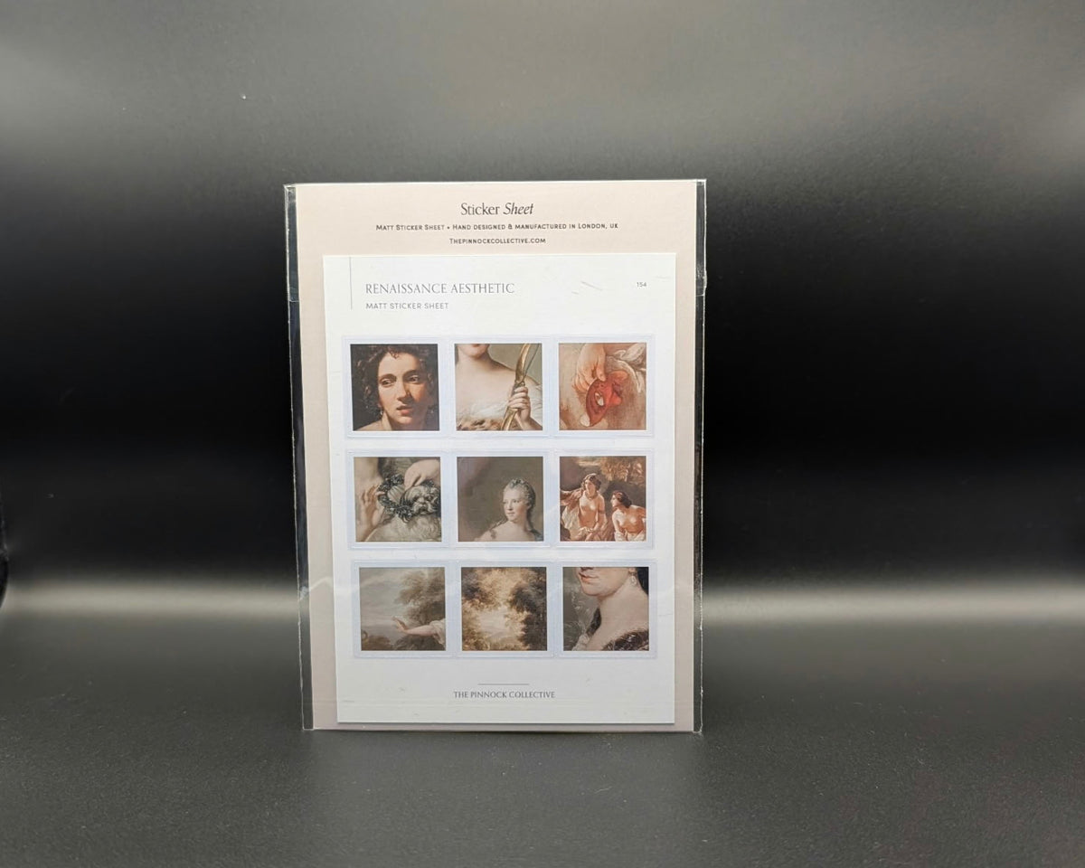 Renaissance sticker sheet by The Pinnock Collective. A6 sticker sheet with nine square stickers showing Renaissance-style art. 