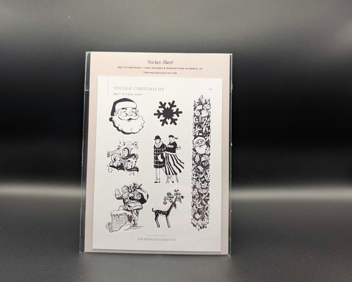 A6 vintage Christmas, black and white sticker sheet by The Pinnock Collective.