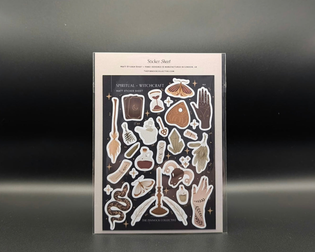 A6 spiritual, witchcraft-themed sticker sheet by The Pinnock Collective. 