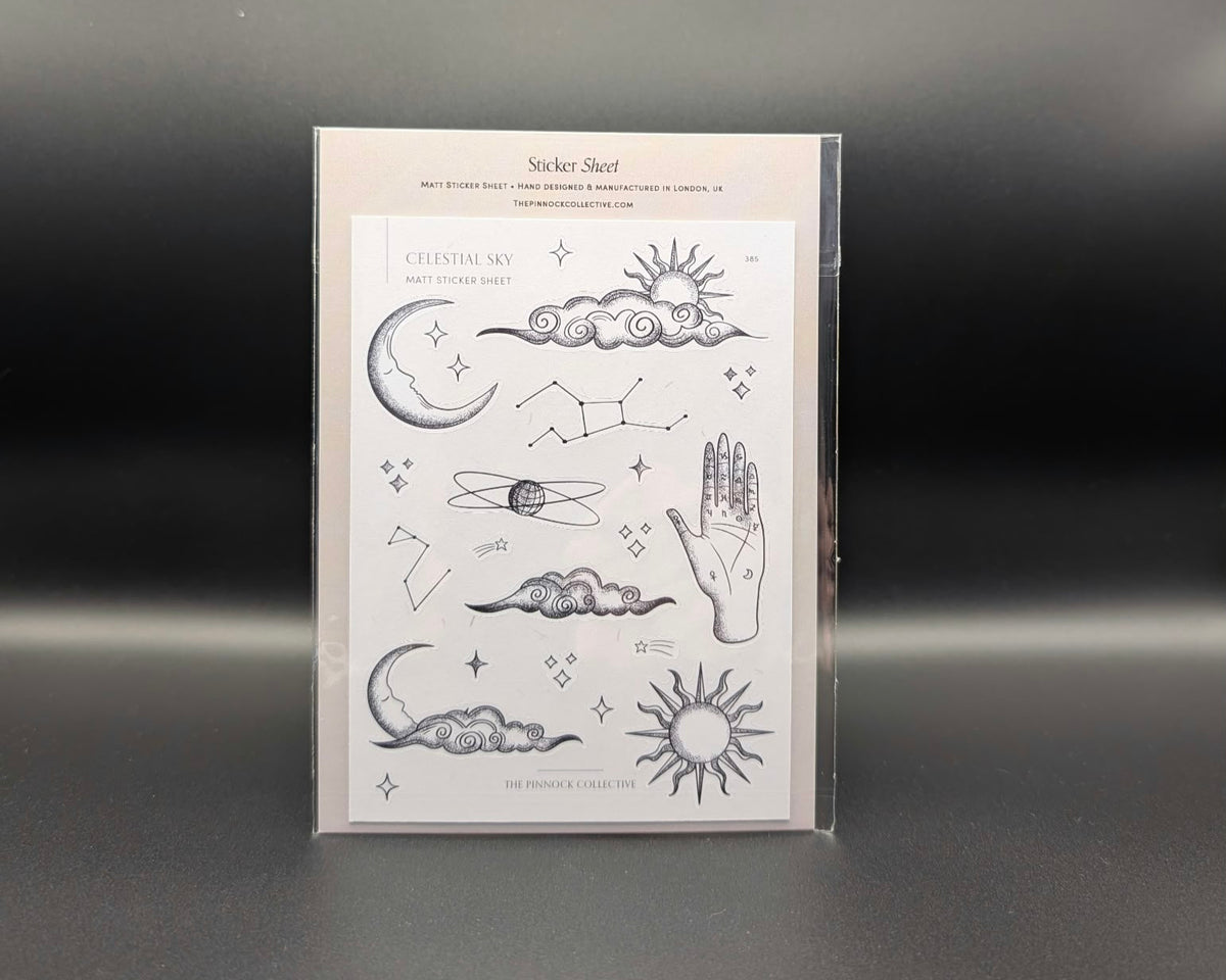 Celestial sticker sheet featuring celestial sky-themed designs in black and white. 