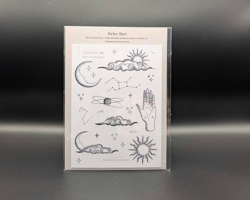 Celestial sticker sheet featuring celestial sky-themed designs in black and white. 